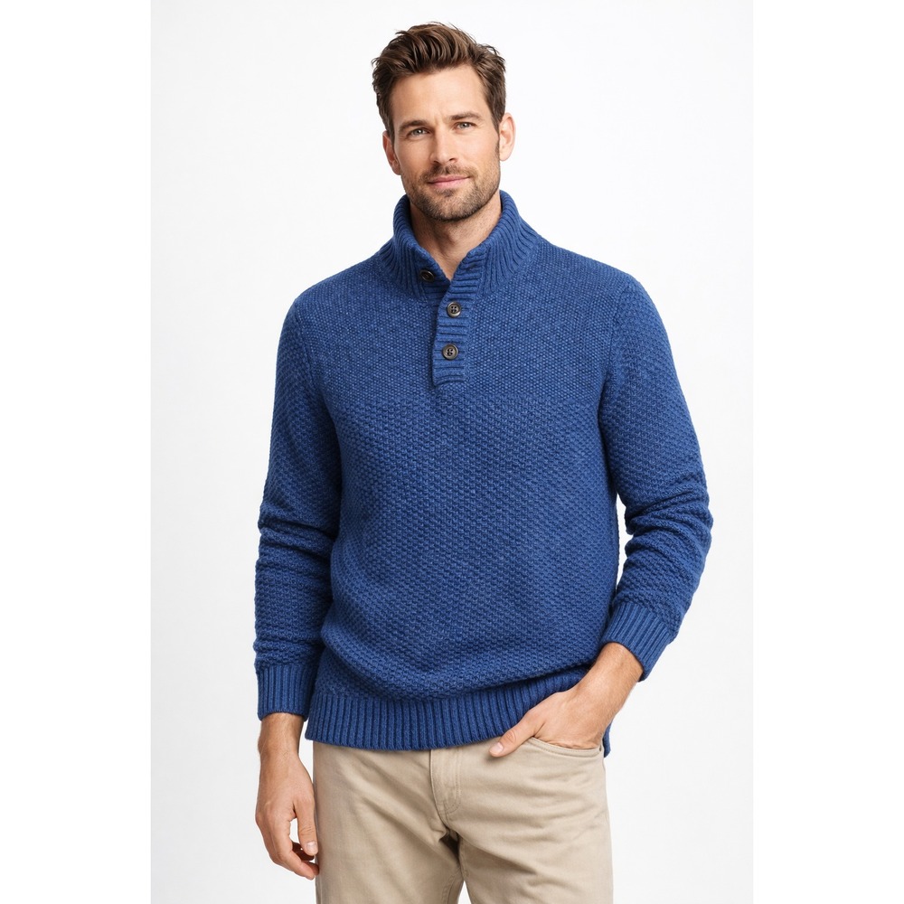 Lands End Henley Sweater Men's L Blue Textured Mock‎ Neck Pullover Wool Blend